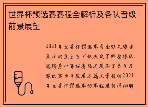 世界杯预选赛赛程全解析及各队晋级前景展望